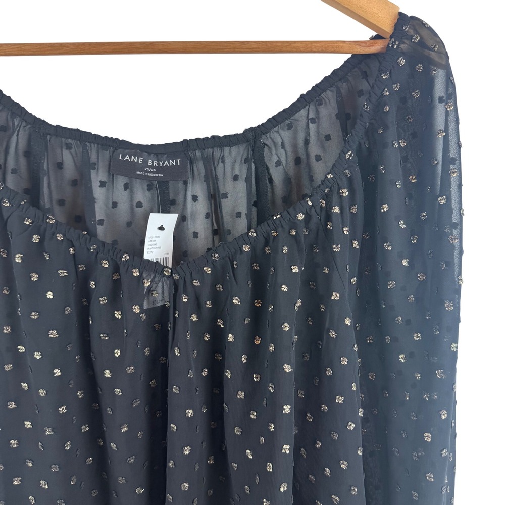Lane Bryant Blouse Women 22/24 Black Gold Metallic Clip Dot Ruffle Cuff Sheer